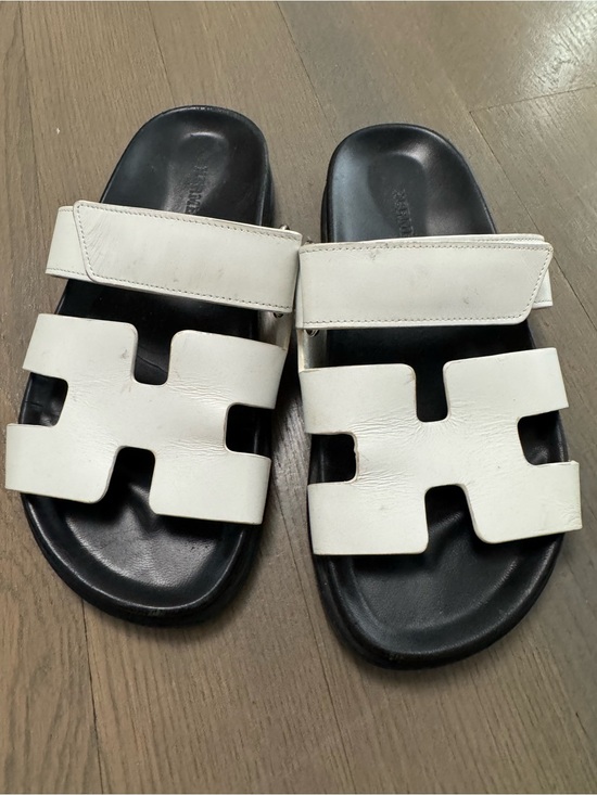 Hermes Shoes - Hermes White and Black Leather Slide Sandals